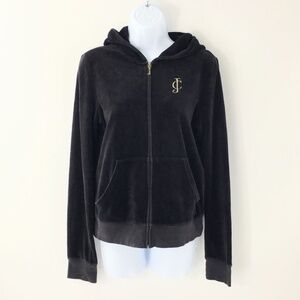 Vintage Juicy Couture Hoodie Y2K Velour Full Zip Pockets Made in USA Black Sz L